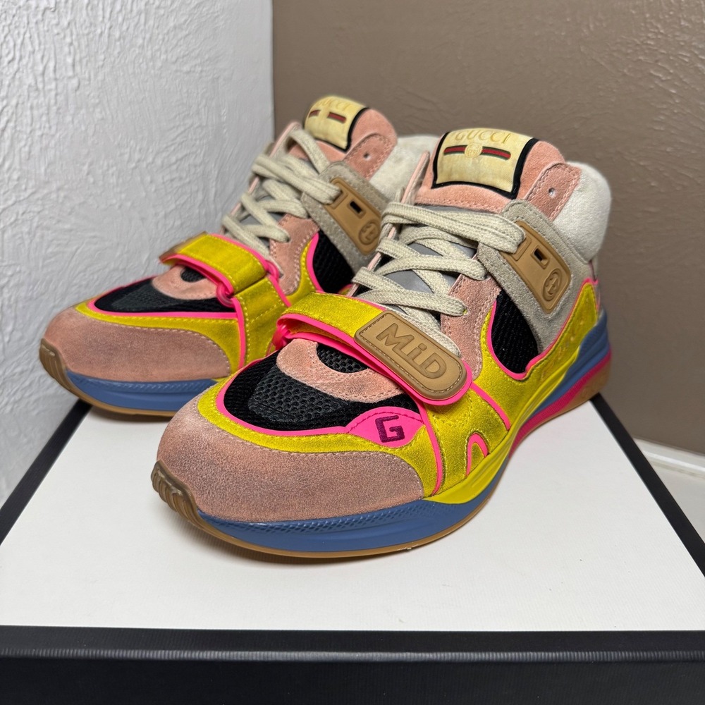 NEW Gucci Ultrapace RT Mid Top Sneakers Yellow Pink Blue M 6.5/ W 8-8.5 - Picture 3 of 15